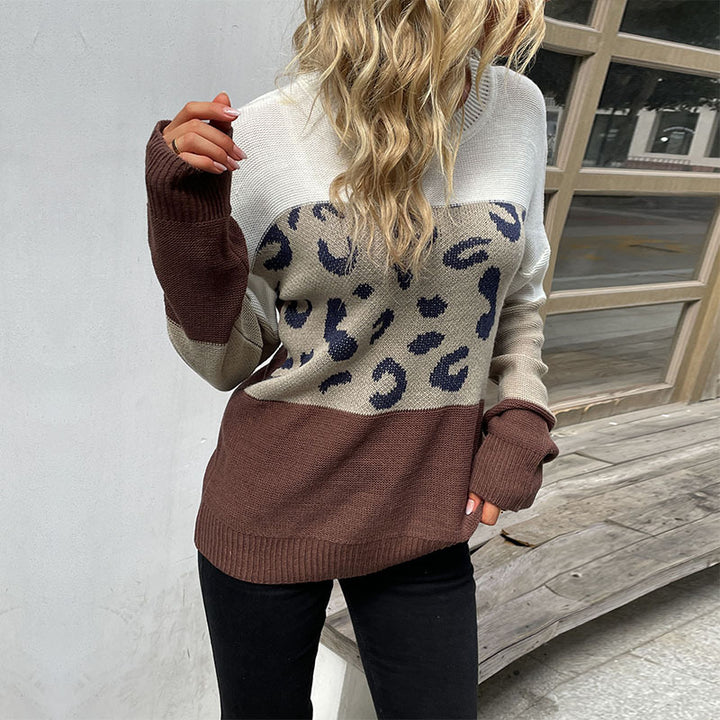 Women Long Sleeve Fine Knit Sweater with Subtle Leopard Print and Block Stripes Mune Fashion