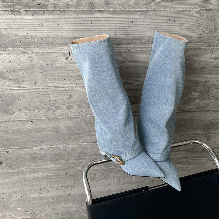Ladies Knee-High Slouch Boots with Pointed Toe Shape, Slim Heel and Decorative Buckle Cuff Mune Fashion