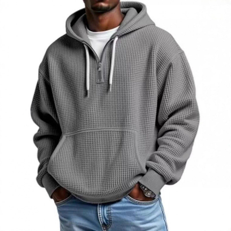 Men's waffle texture hoodie with half zipper and kangaroo pocket Mune Fashion