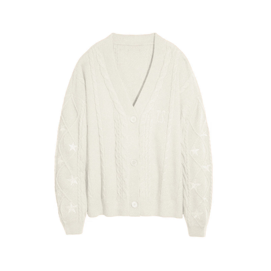 Women's oversized chunky knit cardigan with cable pattern, V-neck and star embroidery Mune Fashion