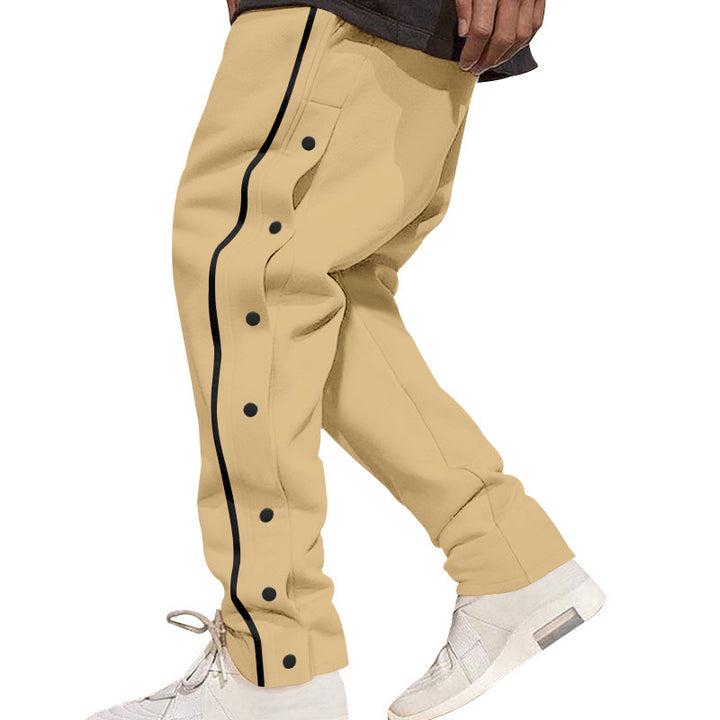 Men's loose track pants with side snap button placket, elastic waistband, and reflective streamline stripe Mune Fashion