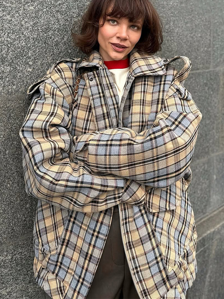 Women’s Oversized Check Coat in Boxy Cut with Zipper and Shoulder Flaps Mune Fashion