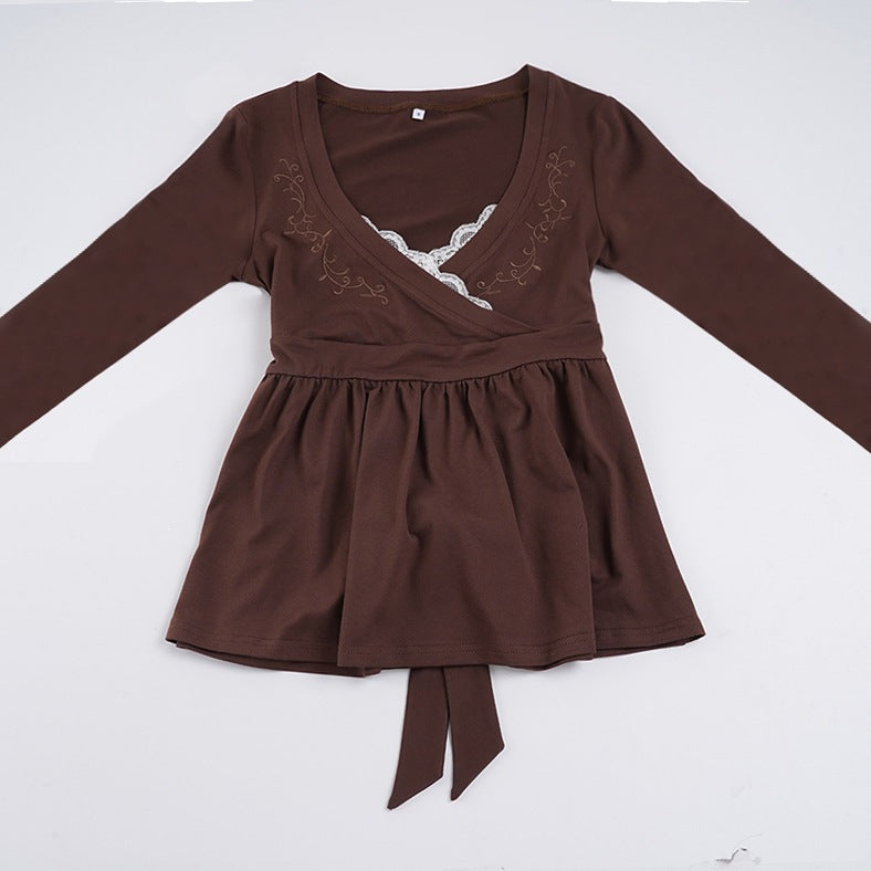 Women Nursing-Friendly Wrap Top with Lace Insert, Embroidery and Empire Waistline Mune Fashion