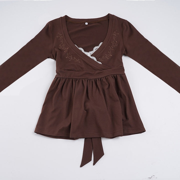 Women Nursing-Friendly Wrap Top with Lace Insert, Embroidery and Empire Waistline Mune Fashion