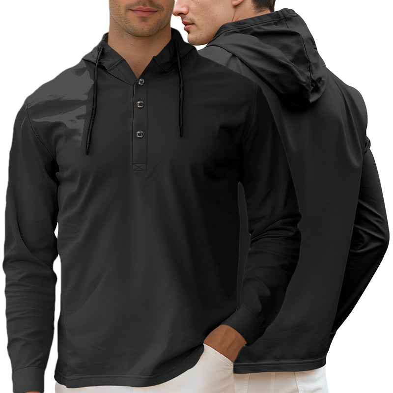 Men's Hooded Henley Long Sleeve Shirt made of lightweight stretch jersey with drawstring Mune Fashion