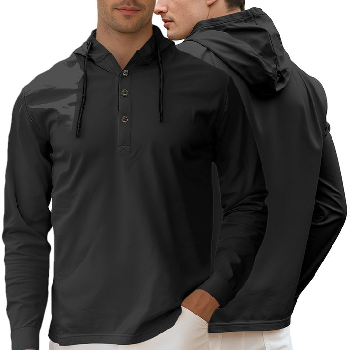 Men's Hooded Henley Long Sleeve Shirt made of lightweight stretch jersey with drawstring Mune Fashion