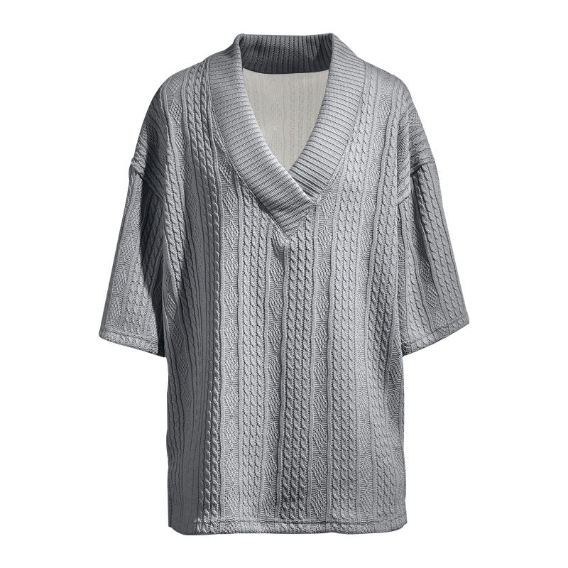 Women's Oversized Short Sleeve Knit Sweater with Deep V-Neck and Cable Knit Pattern Mune Fashion