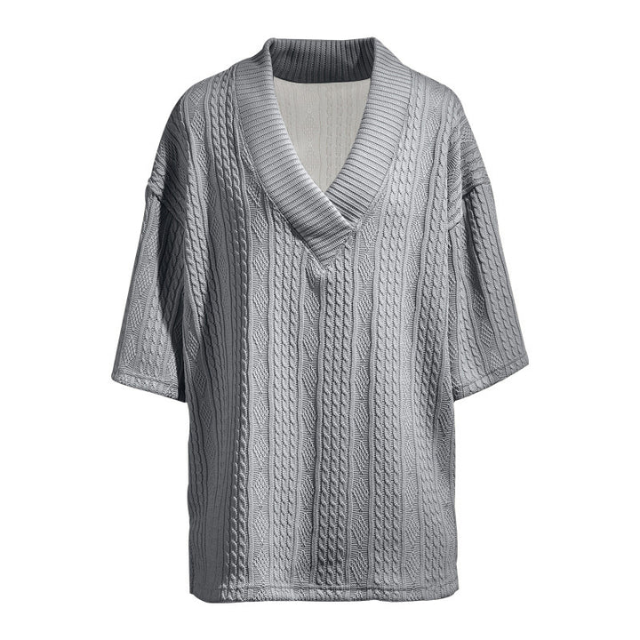 Women's Oversized Short Sleeve Knit Sweater with Deep V-Neck and Cable Knit Pattern Mune Fashion