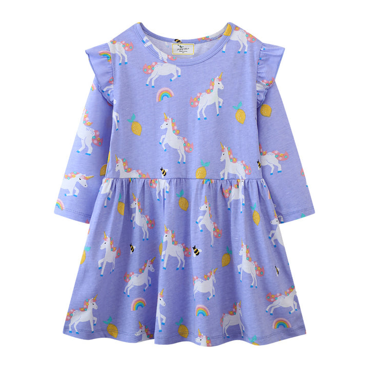 Girl Long Sleeve Dress with Cute Unicorn Patterns Mune Fashion