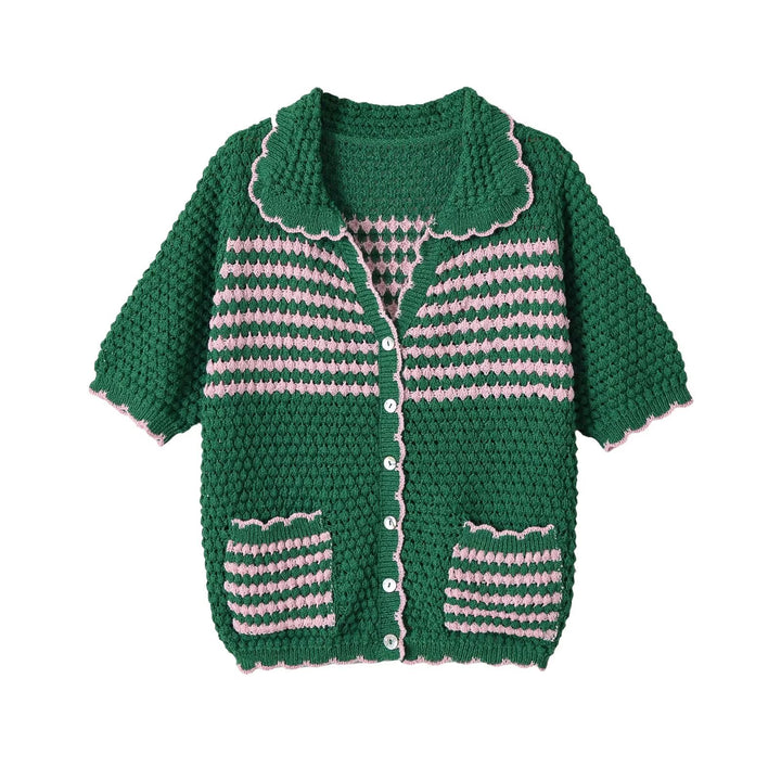 Women Short Crocheted Cardigan with Ruffled Collar and Contrast Stripes Mune Fashion