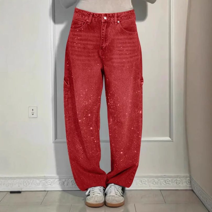 Women's High-Waist Jeans in loose Cargo cut with sparkling rhinestone trim Mune Fashion