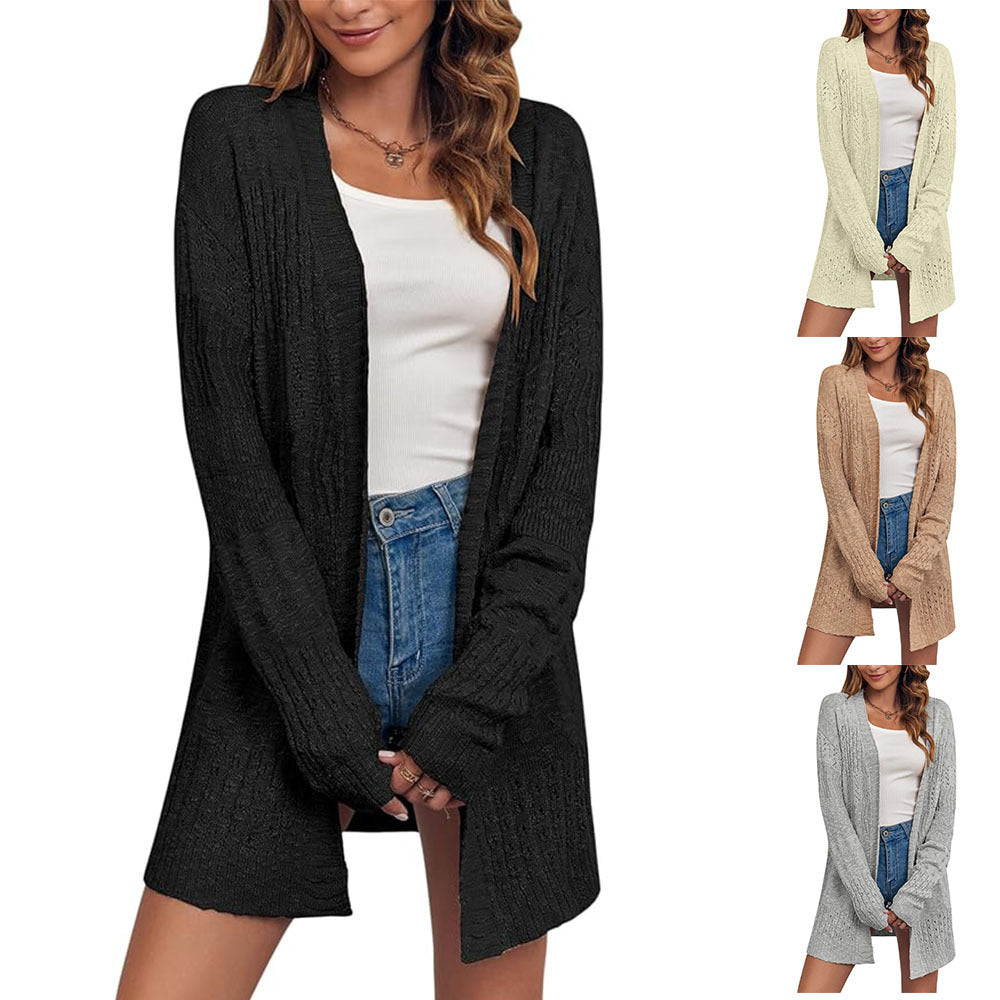 Women Open Knit Cardigan with Lace Pattern and Casual Longline Silhouette Mune Fashion