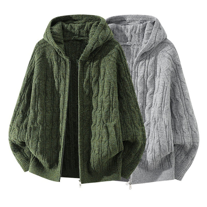 Women's Oversized Cable Knit Hooded Cardigan with Full Zip and Balloon Sleeves Mune Fashion