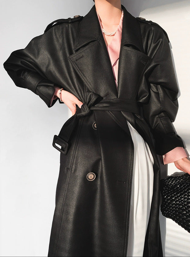 Women Fashionable Faux Leather Trench Coat Mune Fashion
