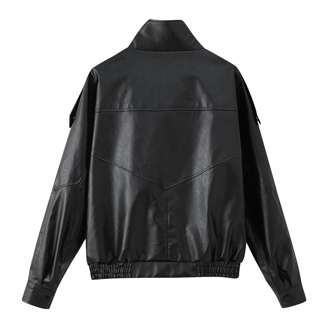 Men's casual biker jacket made of faux leather with a high stand-up collar, shoulder flaps, and elastic hem Mune Fashion