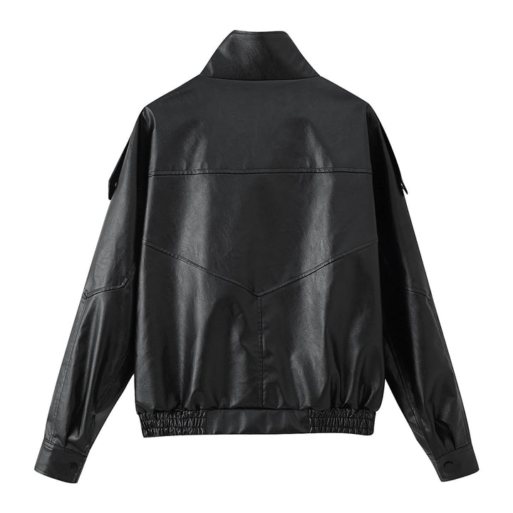 Men's casual biker jacket made of faux leather with a high stand-up collar, shoulder flaps, and elastic hem Mune Fashion