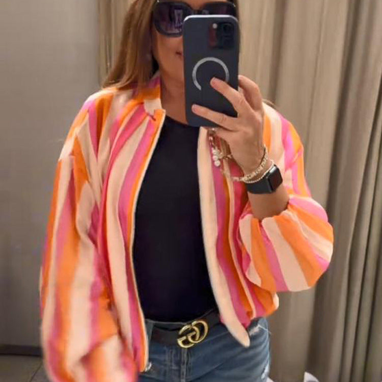 Women's Striped Bomber Jacket with Balloon Sleeves and Short Cropped Cut Mune Fashion