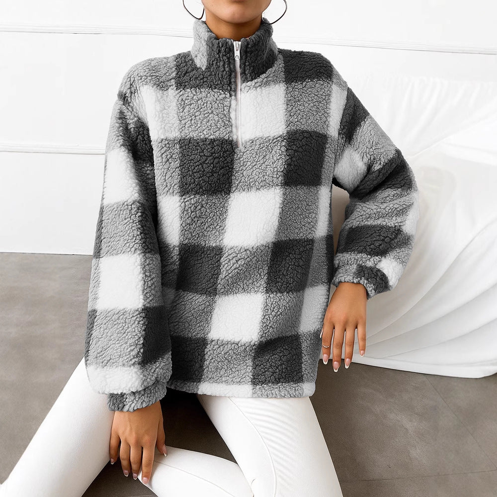 Ladies checked teddy fleece pullover with stand-up collar and half-height zipper Mune Fashion