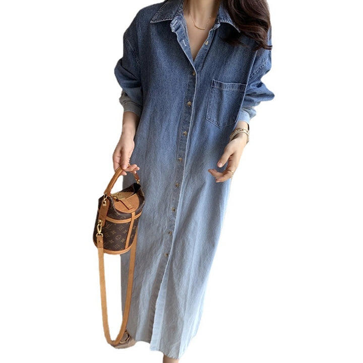 Women's Gradient Jeans Shirt Dress Maxi with Full Button Placket, Chest Pocket, and Side Slits Mune Fashion
