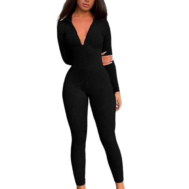Women's Figure-Hugging Ribbed Knit Jumpsuit with Zipper and Shirt Collar Mune Fashion