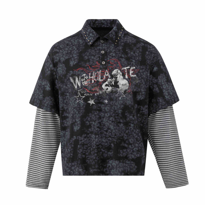 Men's layered look polo with studded collar and striped insert sleeves Mune Fashion