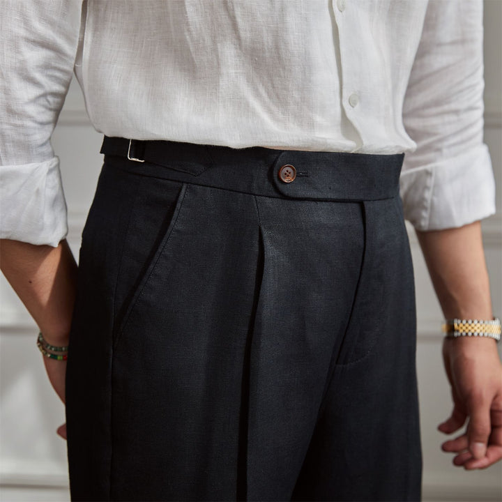 Men's linen pants with high waist, pleats and adjustable side tab Mune Fashion
