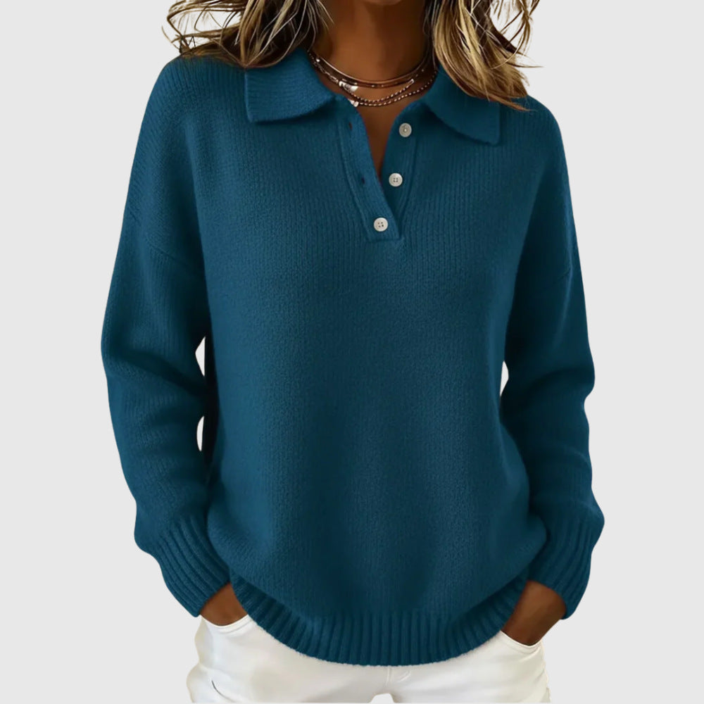 Women's Sporty Knit Sweater with Henley Collar