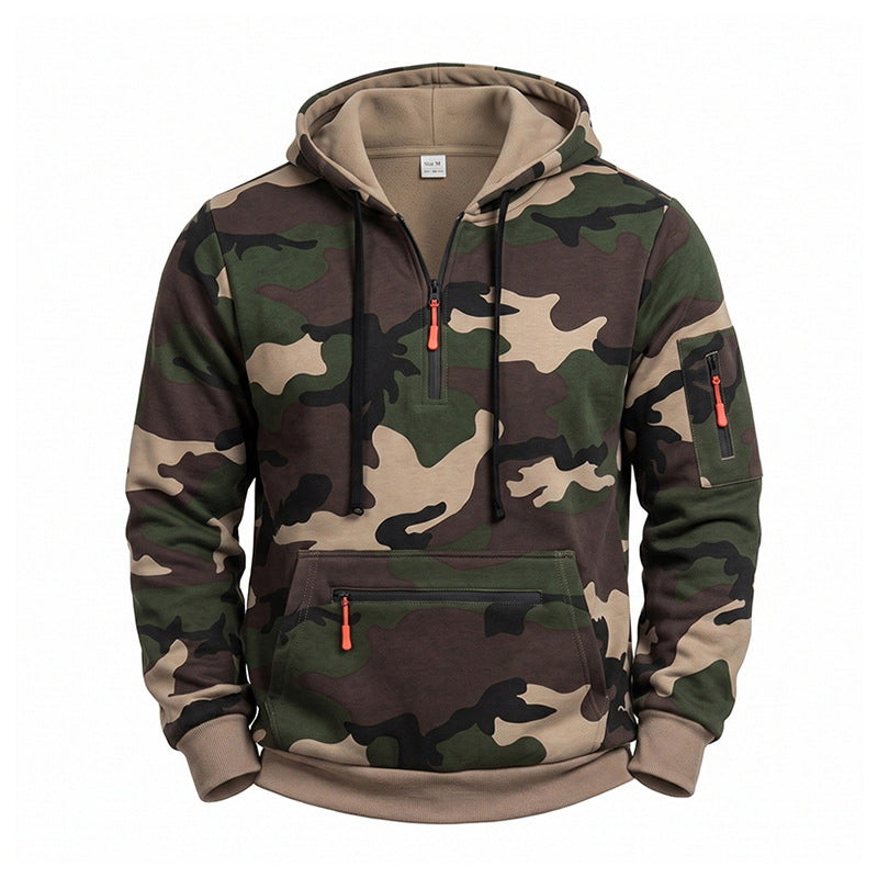Men's Hooded Sweatshirt Camouflage with Fleece Lining, Half Zip and Zipper Pockets Mune Fashion