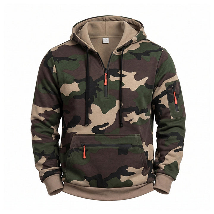 Men's Hooded Sweatshirt Camouflage with Fleece Lining, Half Zip and Zipper Pockets Mune Fashion