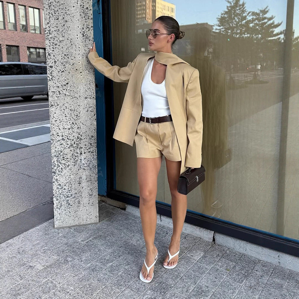 Women's Two-Piece Blazer Set with Long Shawl Collar and High-Waisted Shorts Mune Fashion