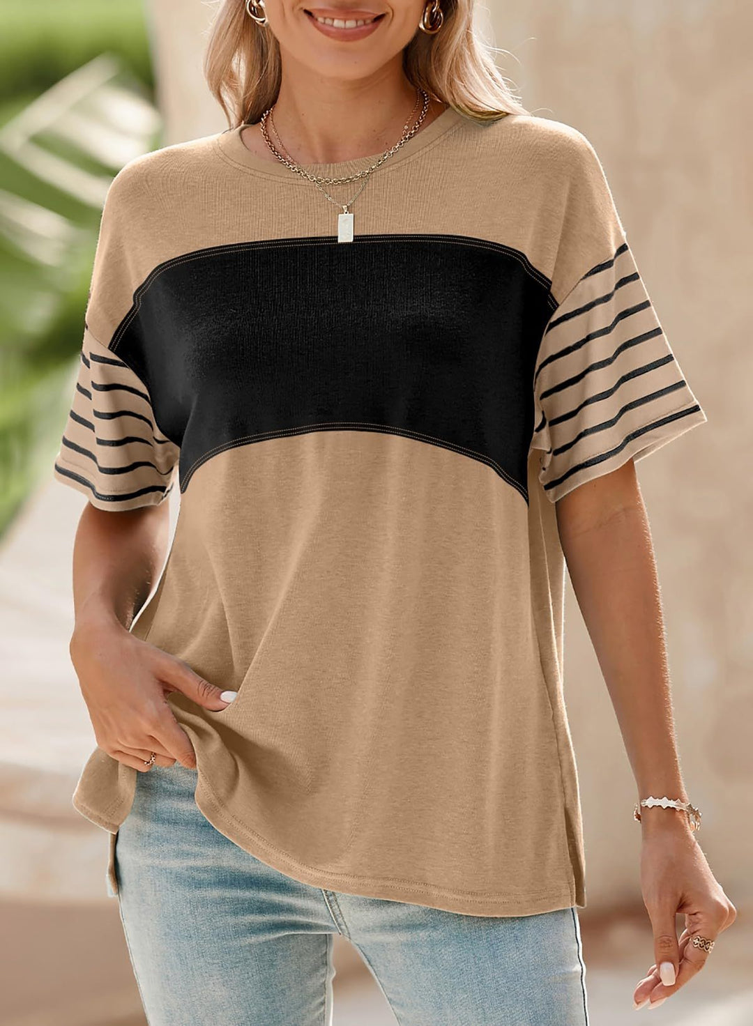 Women Oversize Shirt with Contrast Panel, Striped Sleeves and Side Slits Mune Fashion