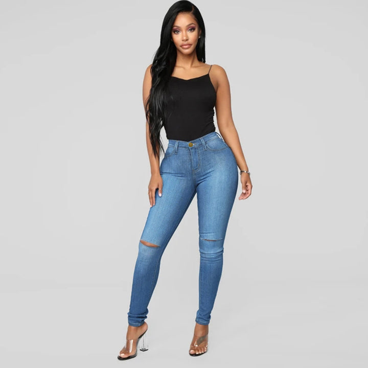 Women's High-Waist Skinny Jeans with Knee Rips and Figure-Flattering Cut Mune Fashion