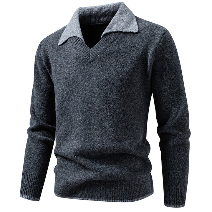 Men's fine knit sweater with shirt collar and V-neck Mune Fashion
