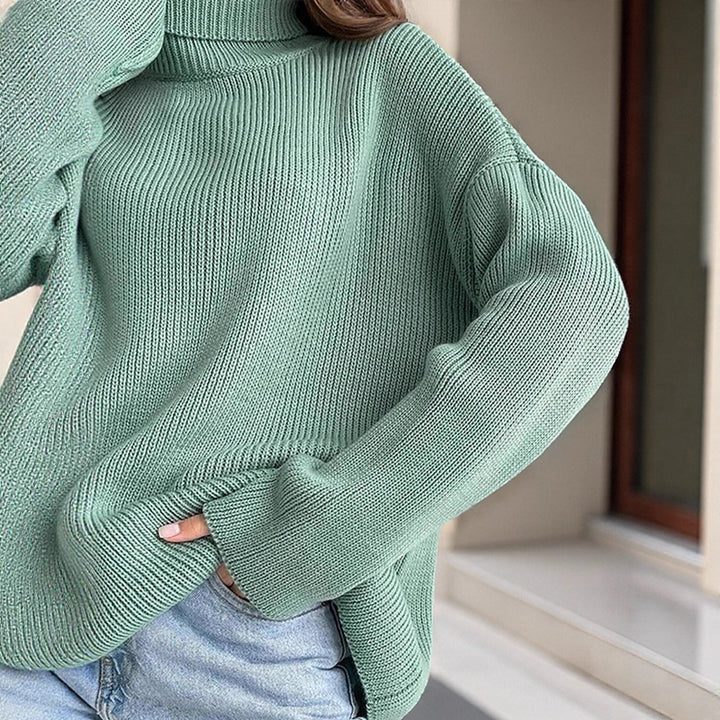 Women Oversized Ribbed Knit Turtleneck Sweater with Extended Cuff Mune Fashion