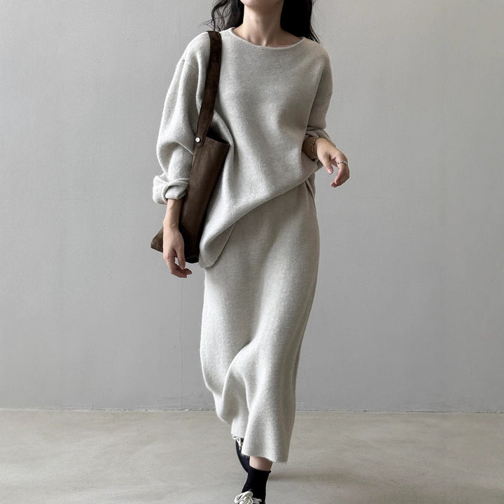 Women Cozy Knit Set Oversized Sweater with Wide Round Neckline and Midi Skirt Mune Fashion