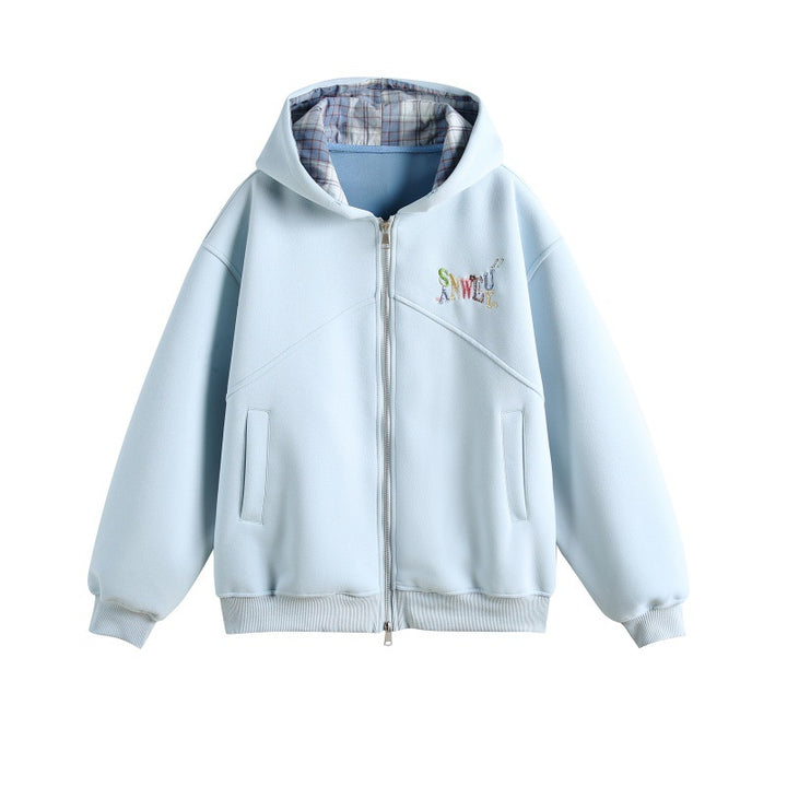 Women's hooded sweatshirt jacket in boxy cut with checked lined hood and subtle embroidery Mune Fashion