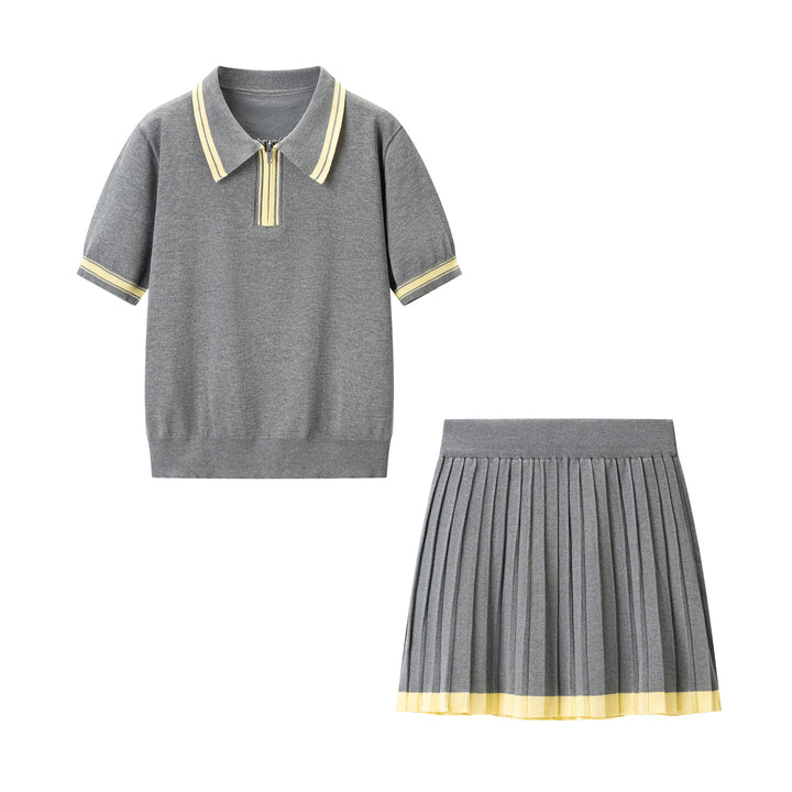 Women's two-piece knitted set with polo shirt and pleated midi skirt Mune Fashion