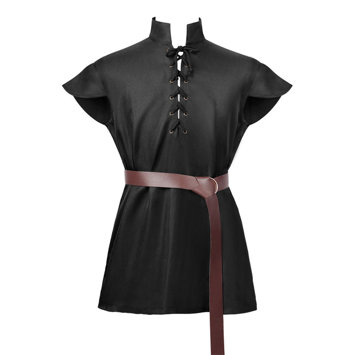Men's casual short-sleeve shirt with laced V-neck, short stand-up collar, and soft cotton blend Mune Fashion
