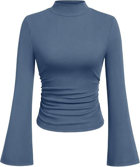 Women's Ribbed Long Sleeve Top with Stand-Up Collar, Trumpet Sleeves, and Fitted Cut Mune Fashion