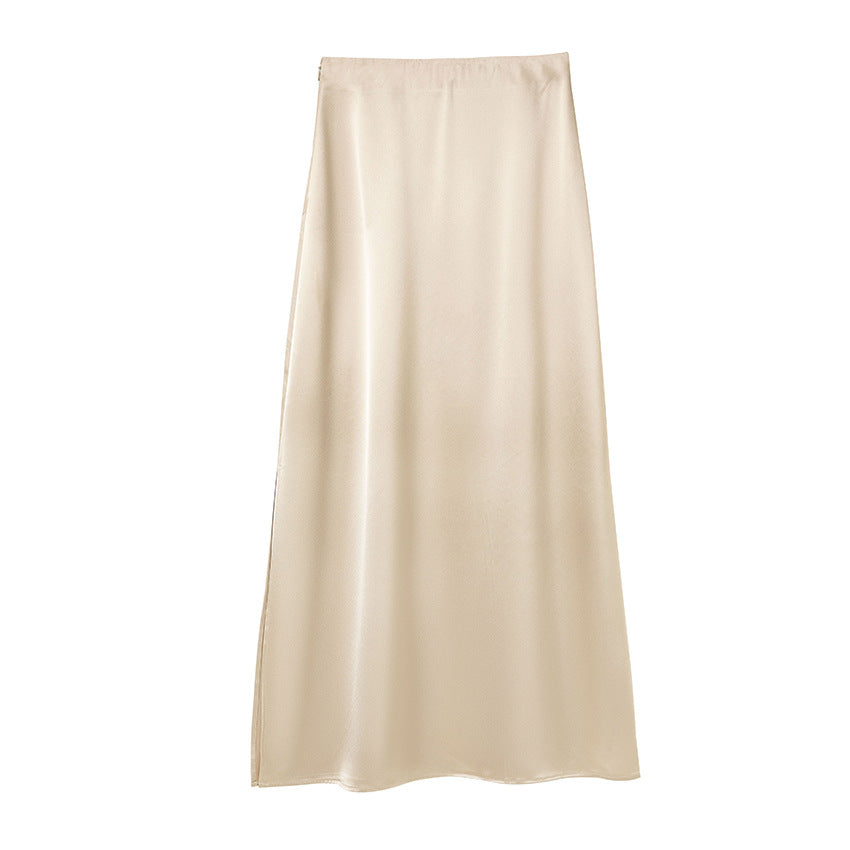 Women's Longer Elegant Satin Bias Skirt with High Waist and Flowing Silhouette Mune Fashion