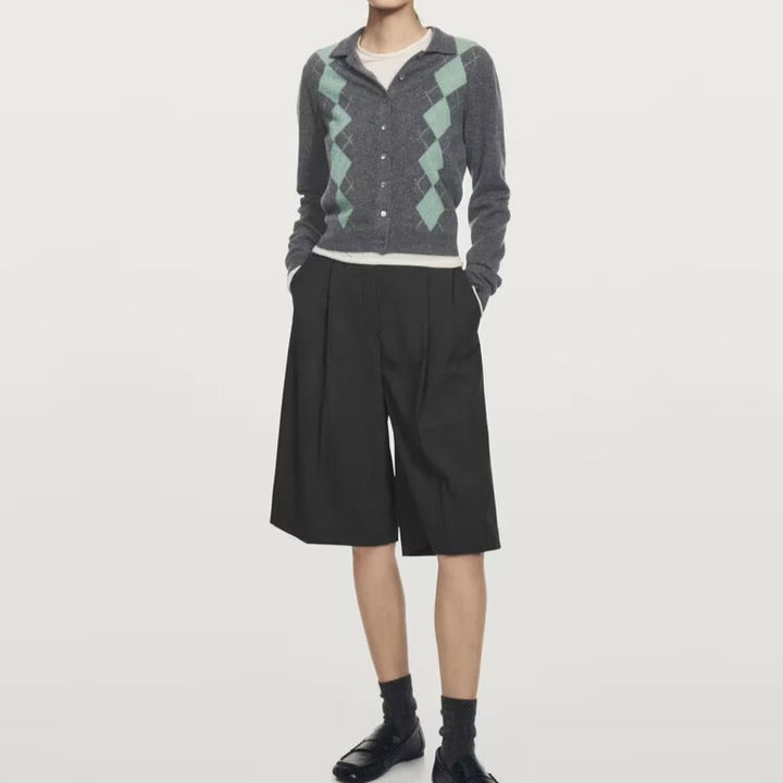 Women's fine knit cardigan with argyle pattern, polo collar, and tailored cropped fit Mune Fashion