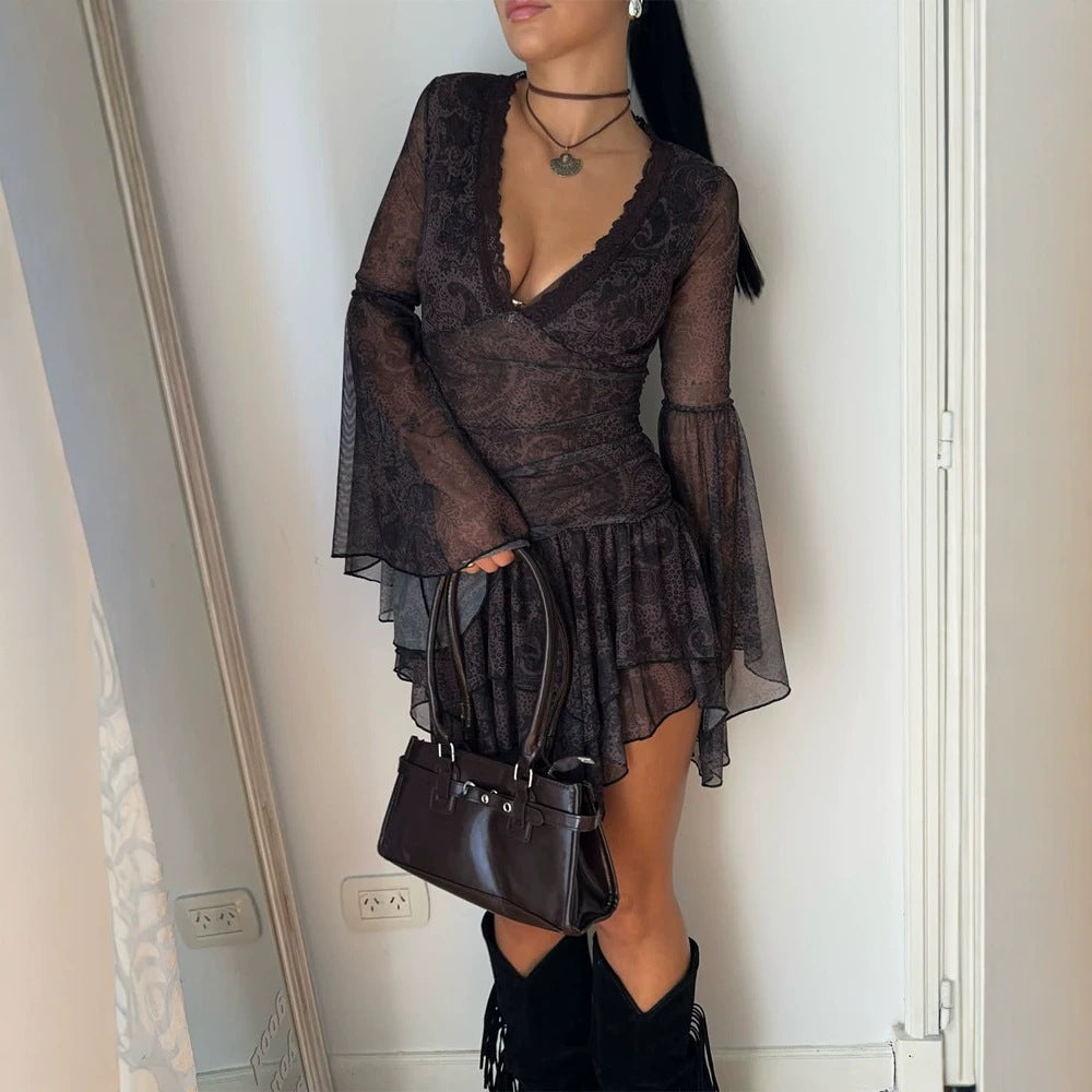Ladies Transparent Lace Mini Dress with Deep V-Neck, Ruffled Skirt & Bell Sleeves Mune Fashion