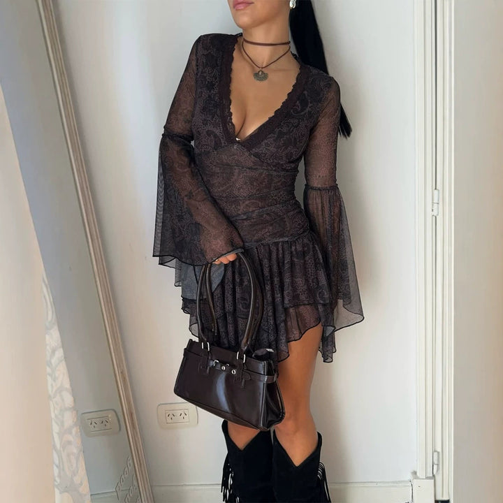 Ladies Transparent Lace Mini Dress with Deep V-Neck, Ruffled Skirt & Bell Sleeves Mune Fashion