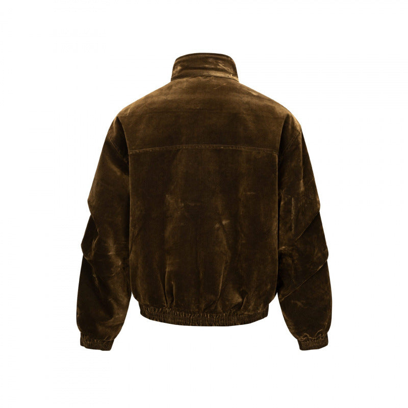Men's velvet bomber jacket with stand collar, concealed snap button placket, and elastic hem Mune Fashion