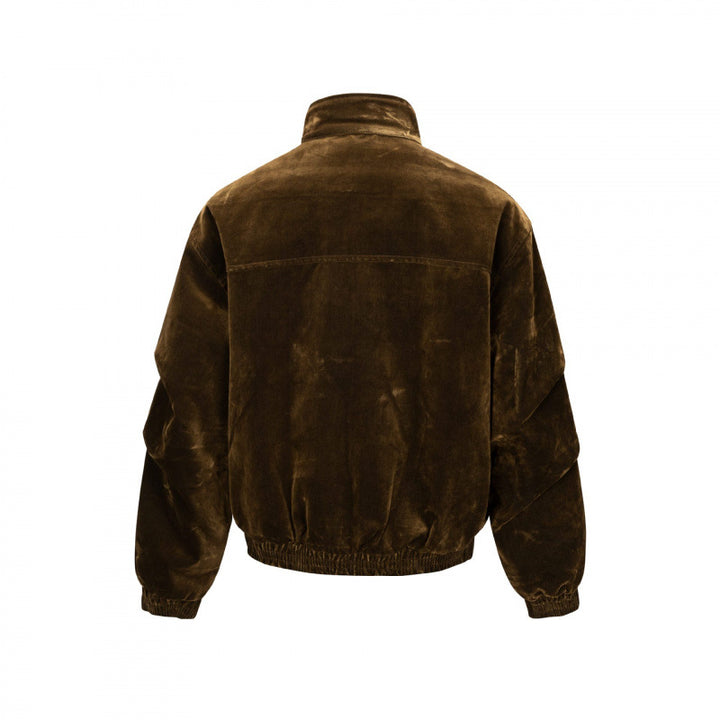 Men's velvet bomber jacket with stand collar, concealed snap button placket, and elastic hem Mune Fashion