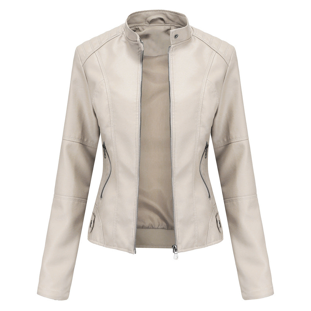 Women's fitted faux leather jacket with stand-up collar and full-length zipper Mune Fashion