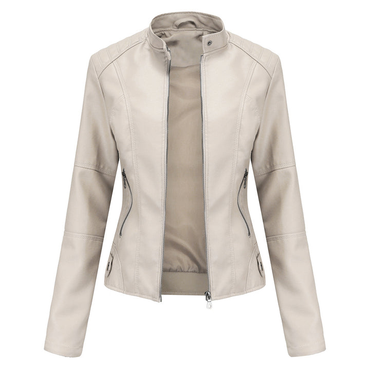 Women's fitted faux leather jacket with stand-up collar and full-length zipper Mune Fashion