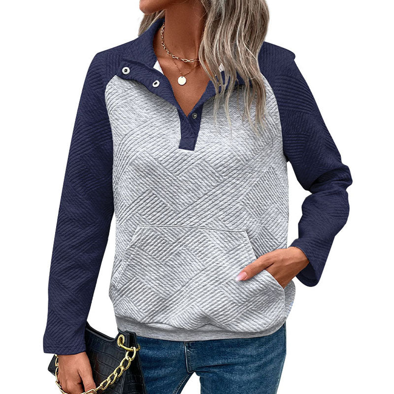 Women's quilted sweatshirt with Henley button placket, kangaroo pocket, and contrasting raglan sleeves Mune Fashion