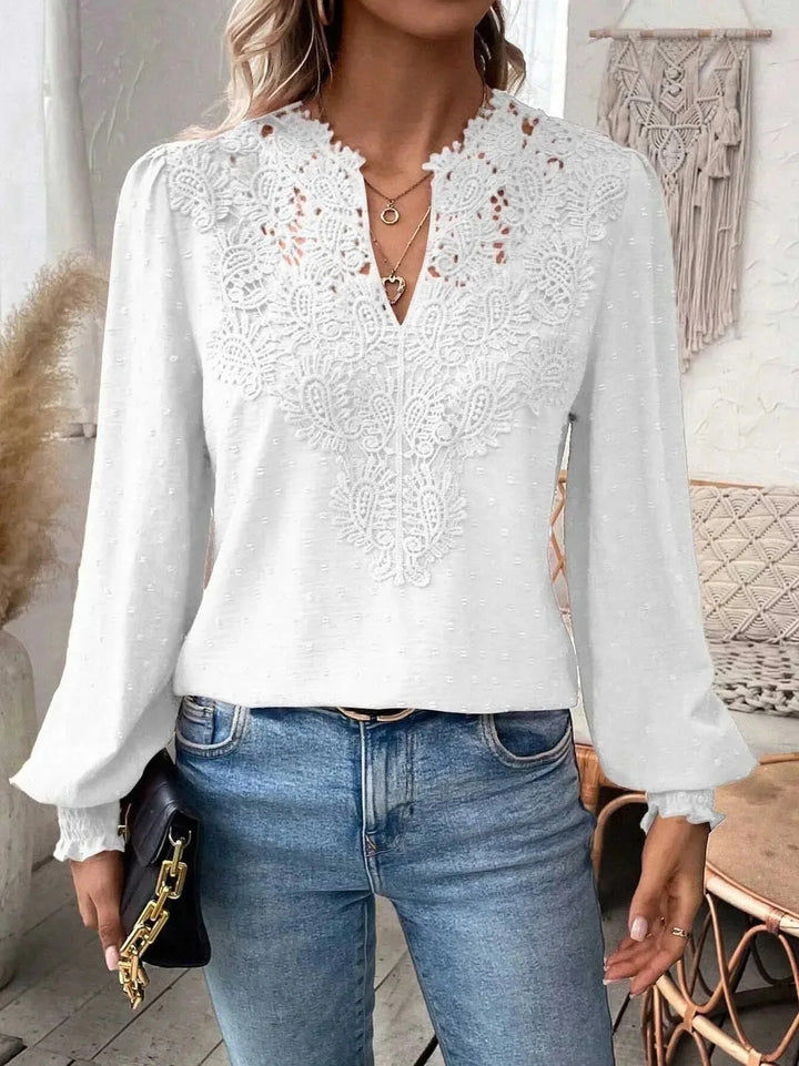 Women blouse with v-neck lace appliqué, structured dot, gathered cuffs and slightly tailored silhouette Mune Fashion