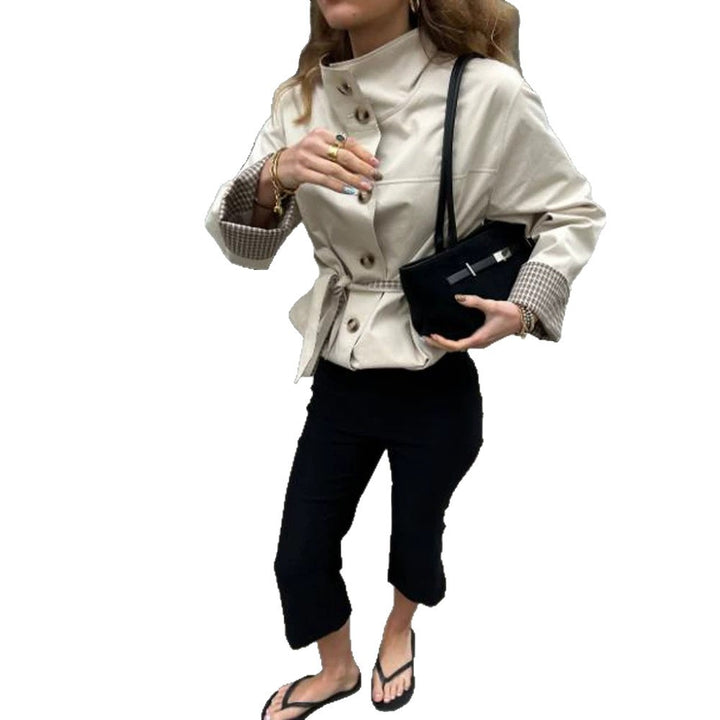 Women's Short Tailored Faux Leather Jacket with Stand-Up Collar, Check Cuffs & Tie Belt Mune Fashion